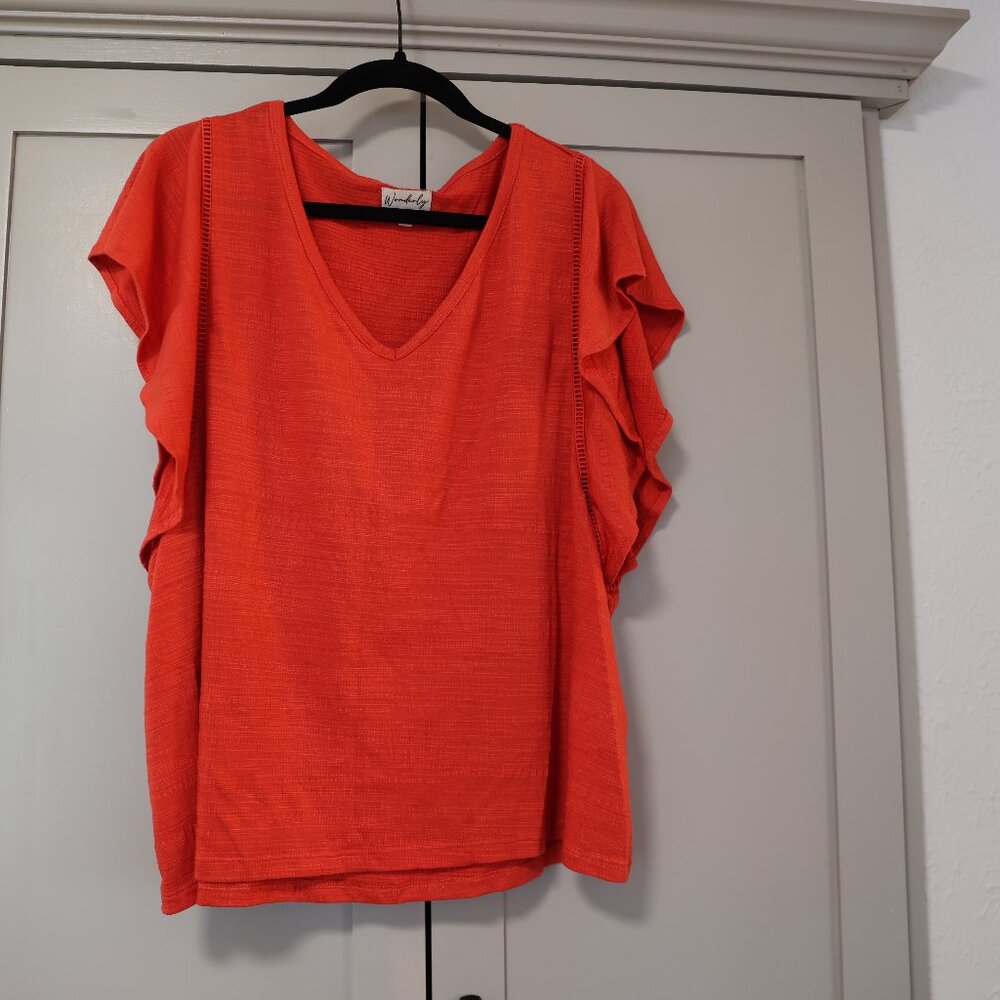 Wonderly Orange Flutter Sleeve Blouse – XL, Stretchy & Comfy